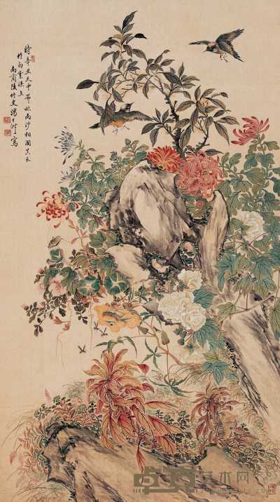 汤世澍 辛丑（1901）年作 花艳鸟戏 立轴 139×78cm